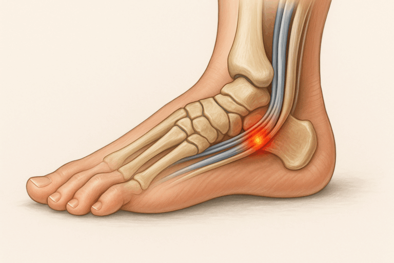 Medische illustratie van de binnenkant van een enkel met de tarsale tunnel en beknelde tibiale zenuw.