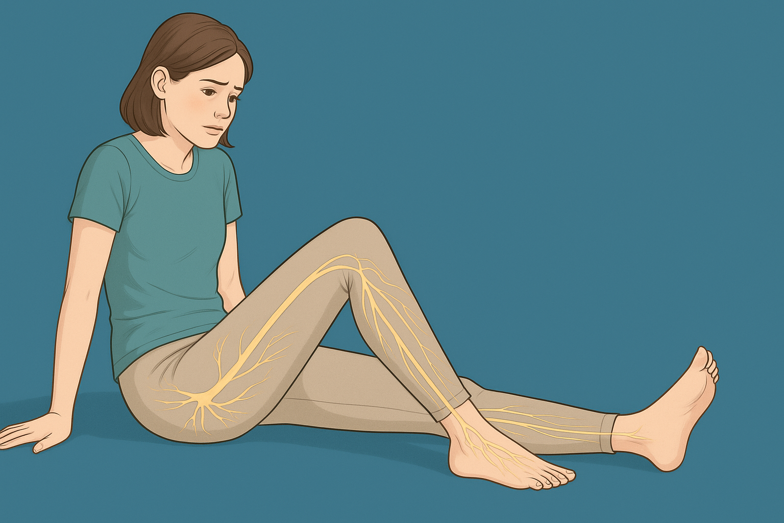 Medische illustratie van zenuwbanen in het been bij een vrouw die zit met gestrekte benen.”