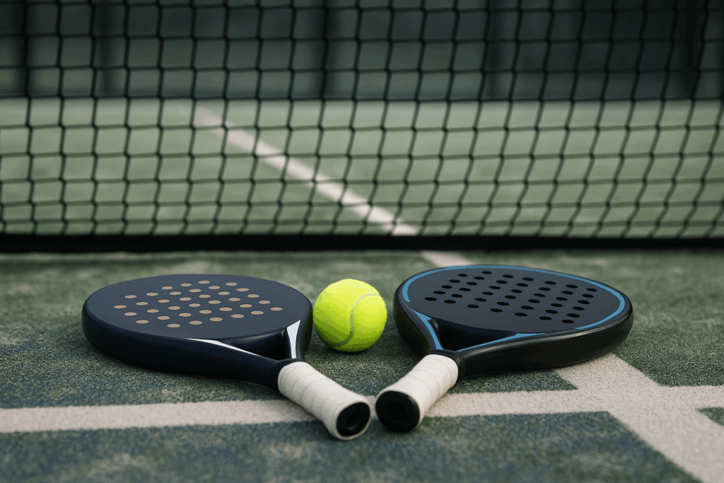 Twee padelrackets en een padelbal op een kunstgrasbaan met net en witte lijnen op de achtergrond