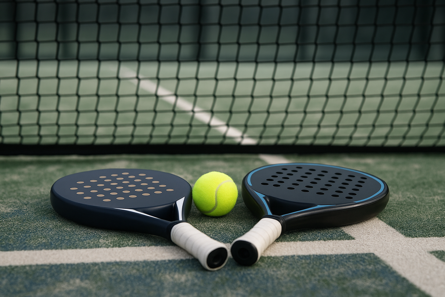 Twee padelrackets en een padelbal op een kunstgrasbaan met net en witte lijnen op de achtergrond