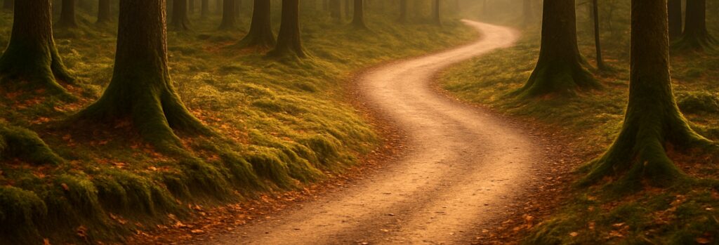 Kronkelend bospad in zacht ochtendlicht, symbool voor de natuurlijke vorm en veerkracht van de wervelkolom.